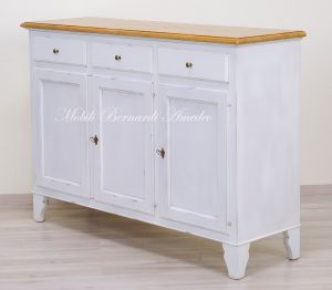 Living room or kitchen sideboard in solid wood with white lacquered finish and oak top